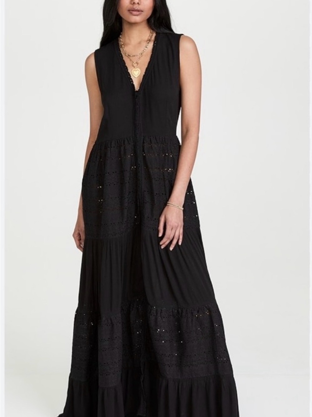 Playa Lucia Black Sleeveless Maxi Dress with Eyelet Panels small